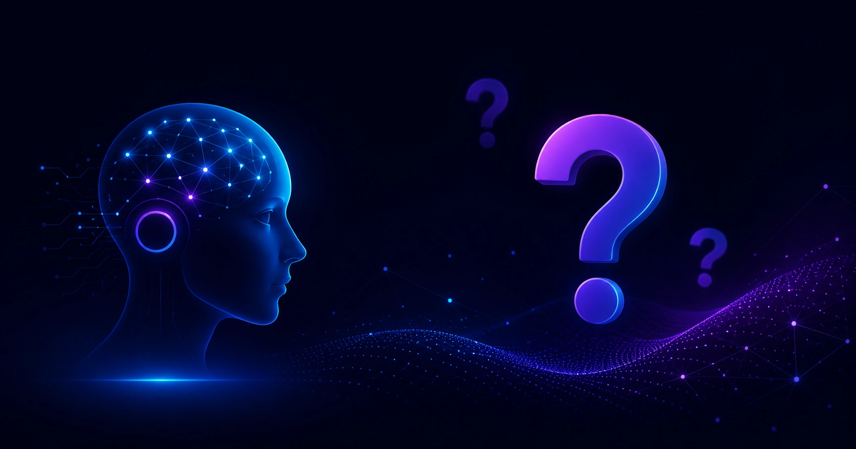 Artificial intelligence trivia glowing digital brain with question marks