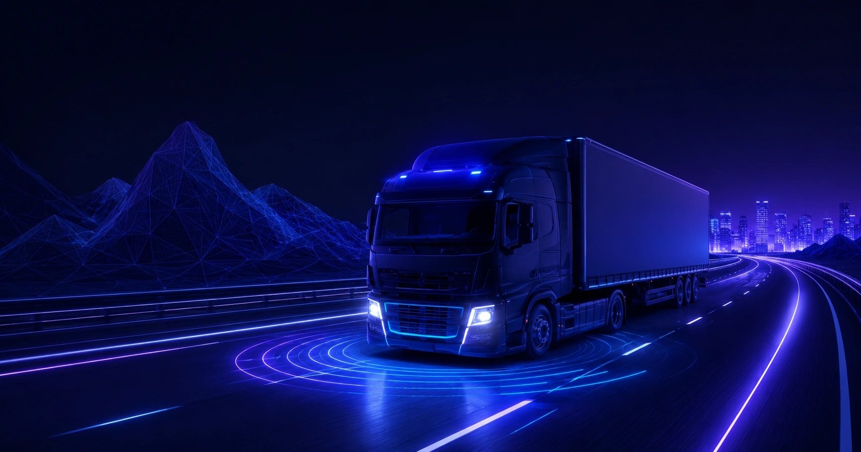 Autonomous AI semi-truck driving on a highway at dusk