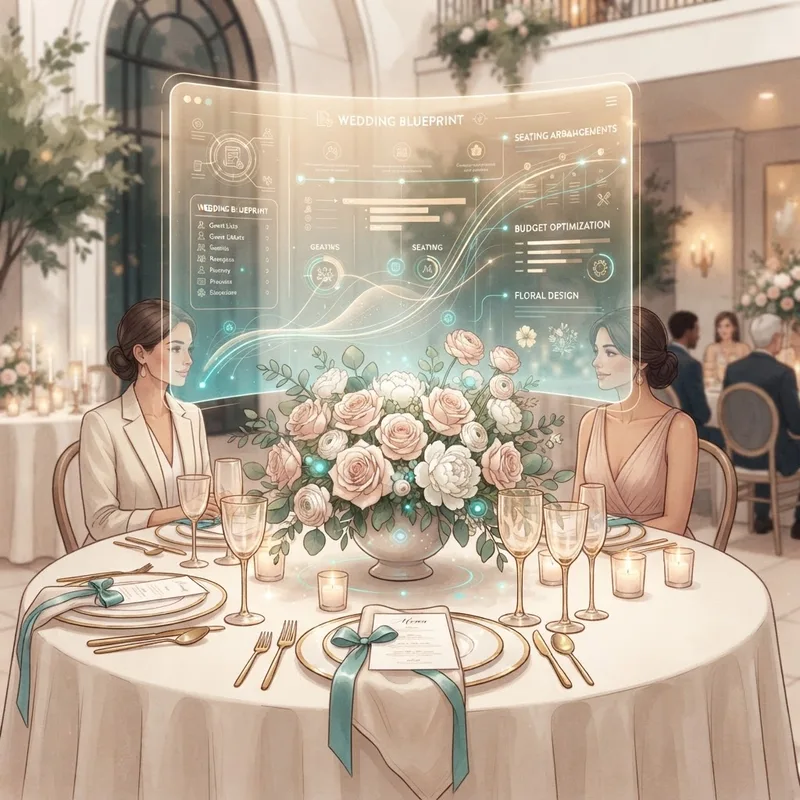 Artificial intelligence wedding planning concept with elegant table and holographic interface