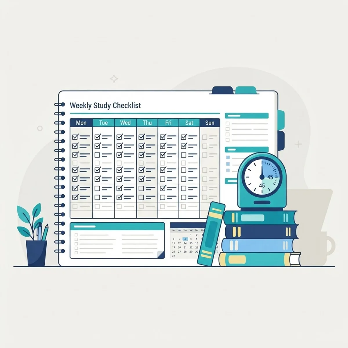 Weekly study planner checklist with calendar, timer and stack of books