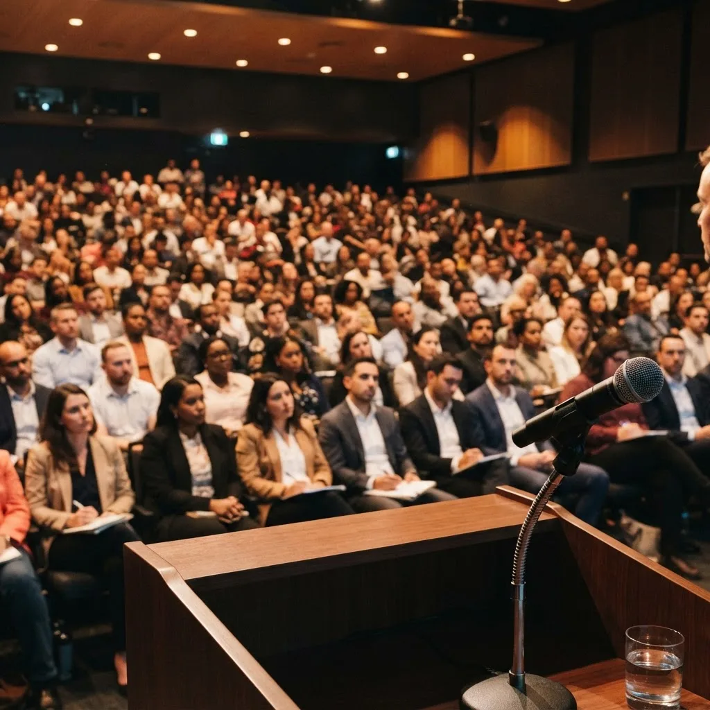 Speaker analysing a conference audience before drafting