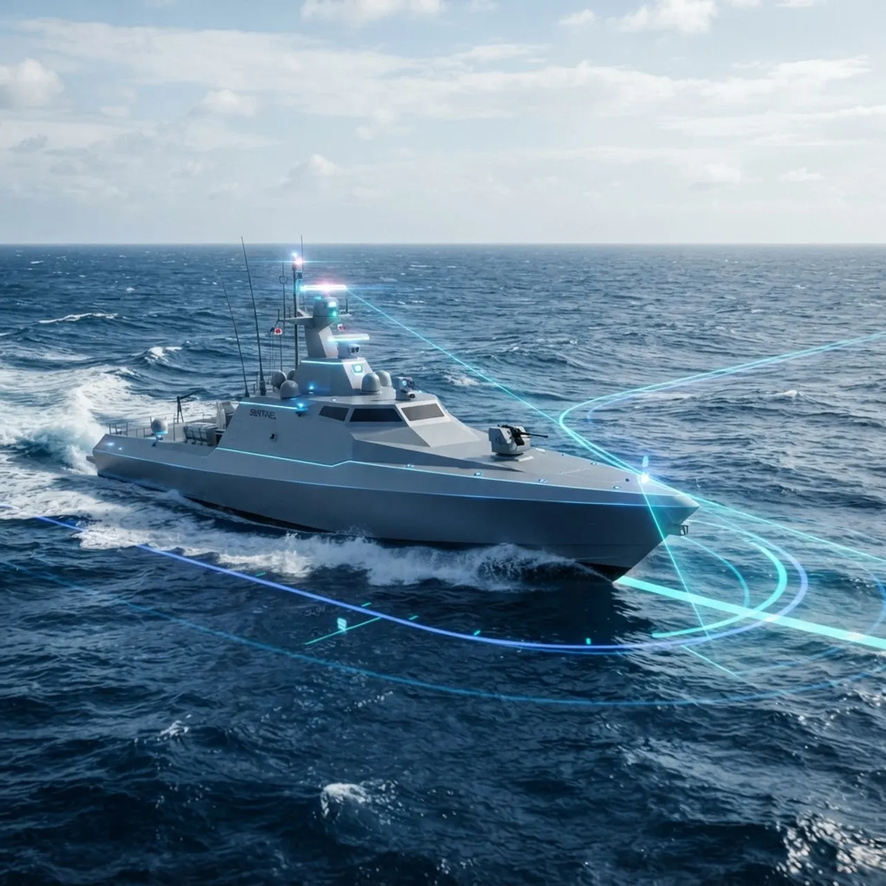 Autonomous unmanned naval vessel navigating the open ocean