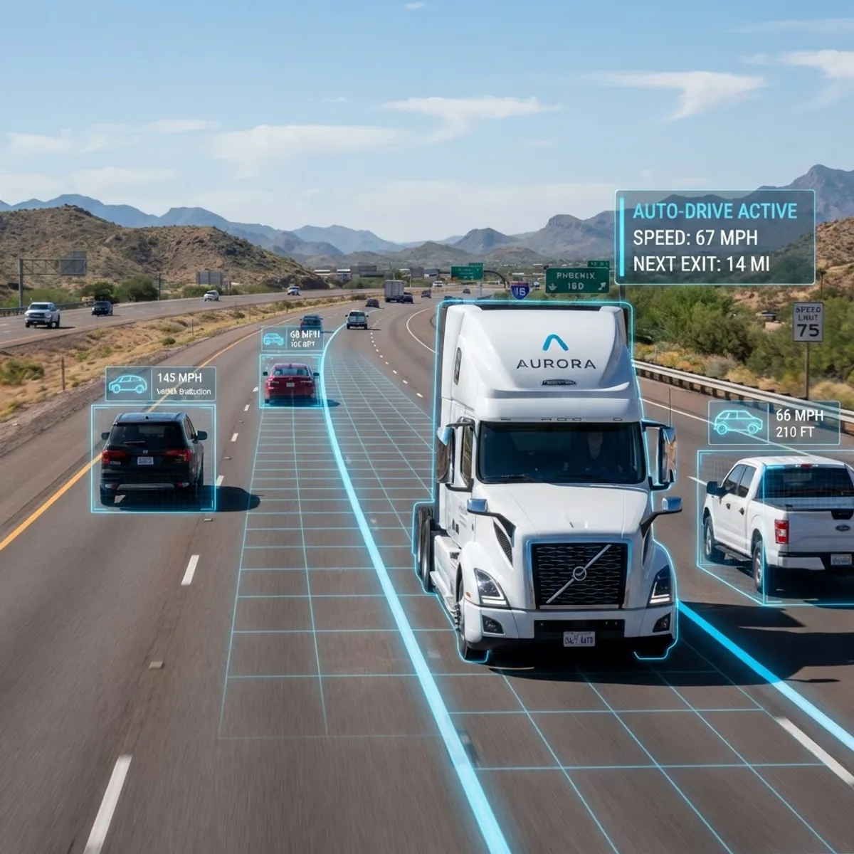 Self-driving freight truck on interstate highway with AI lane detection overlay
