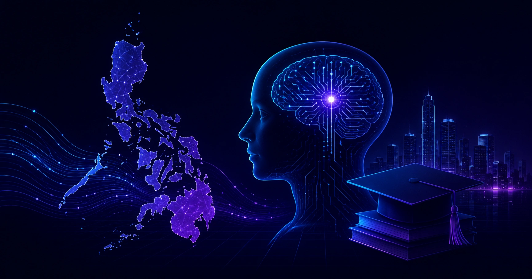 Filipino students studying artificial intelligence on laptops with neural network graphics