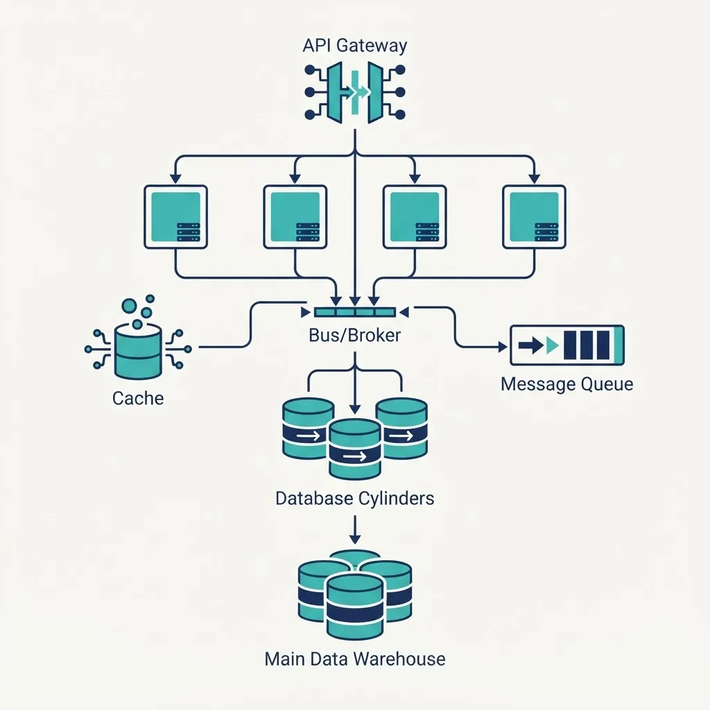 Backend architecture with API gateway, servers and databases