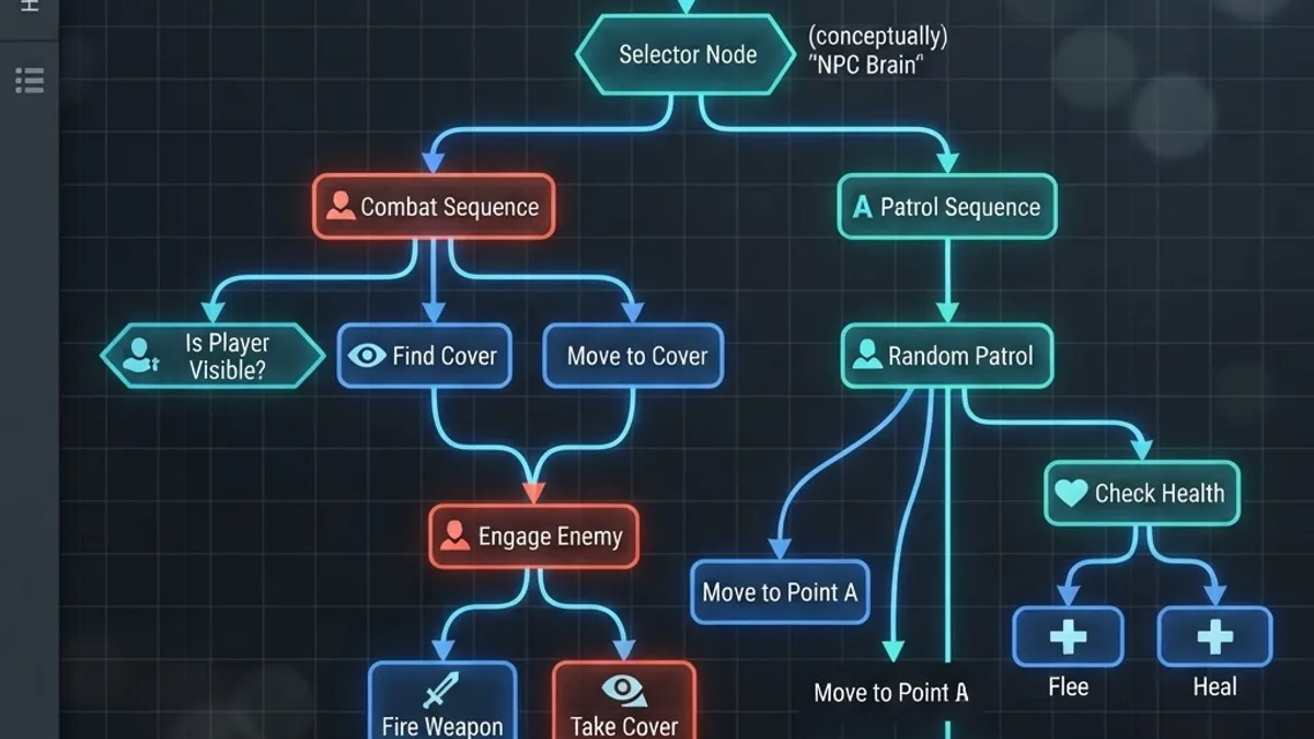 AI behavior tree node graph in a game editor