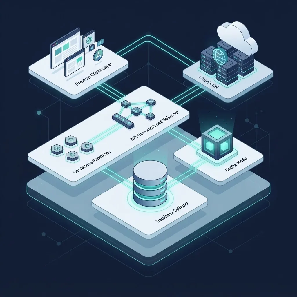 Isometric architecture diagram of a modern custom web application stack
