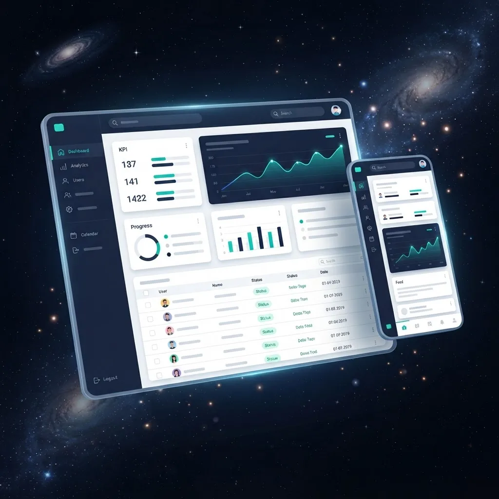 Custom web application dashboard interface design with charts and data tables