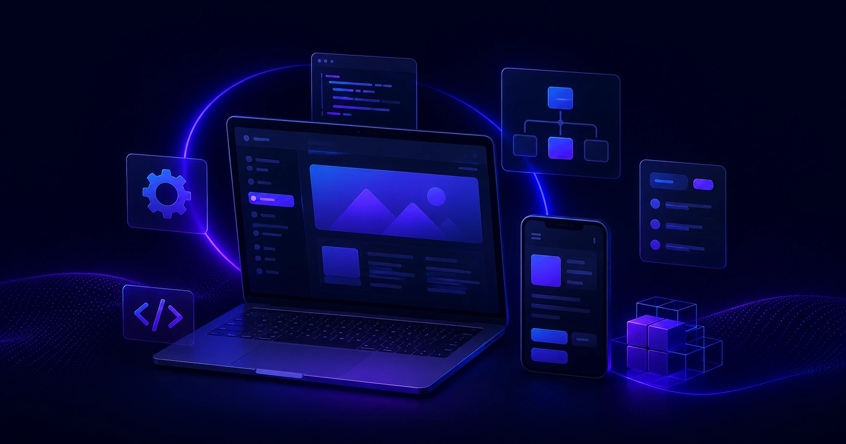 Bespoke web application development workspace with custom dashboard on screen