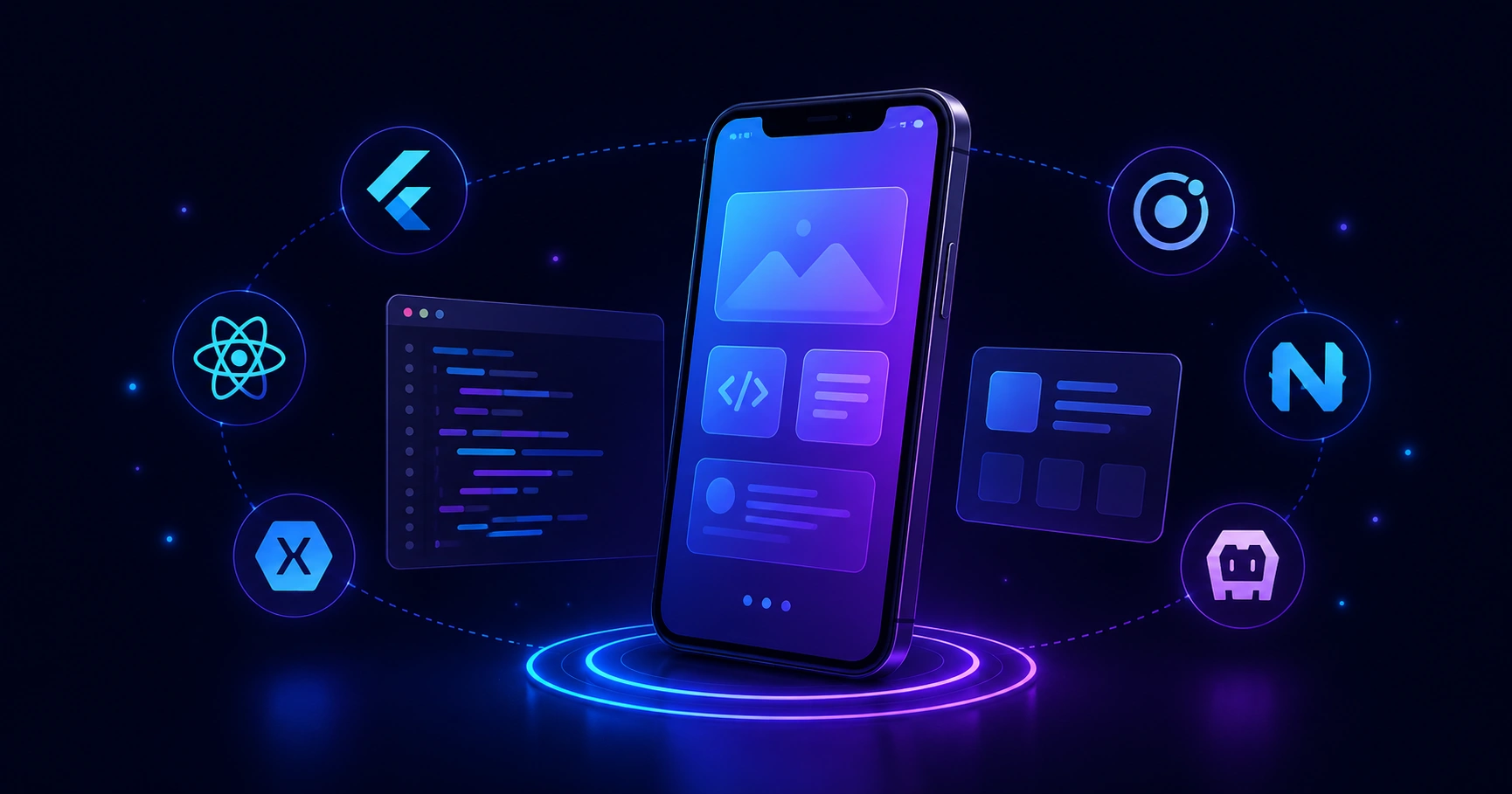 Best mobile app development framework illustration with smartphone and framework icons