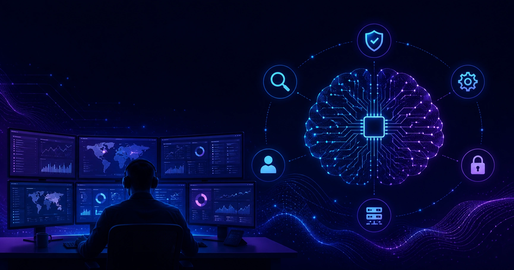 AI-powered Security Operations Center control room