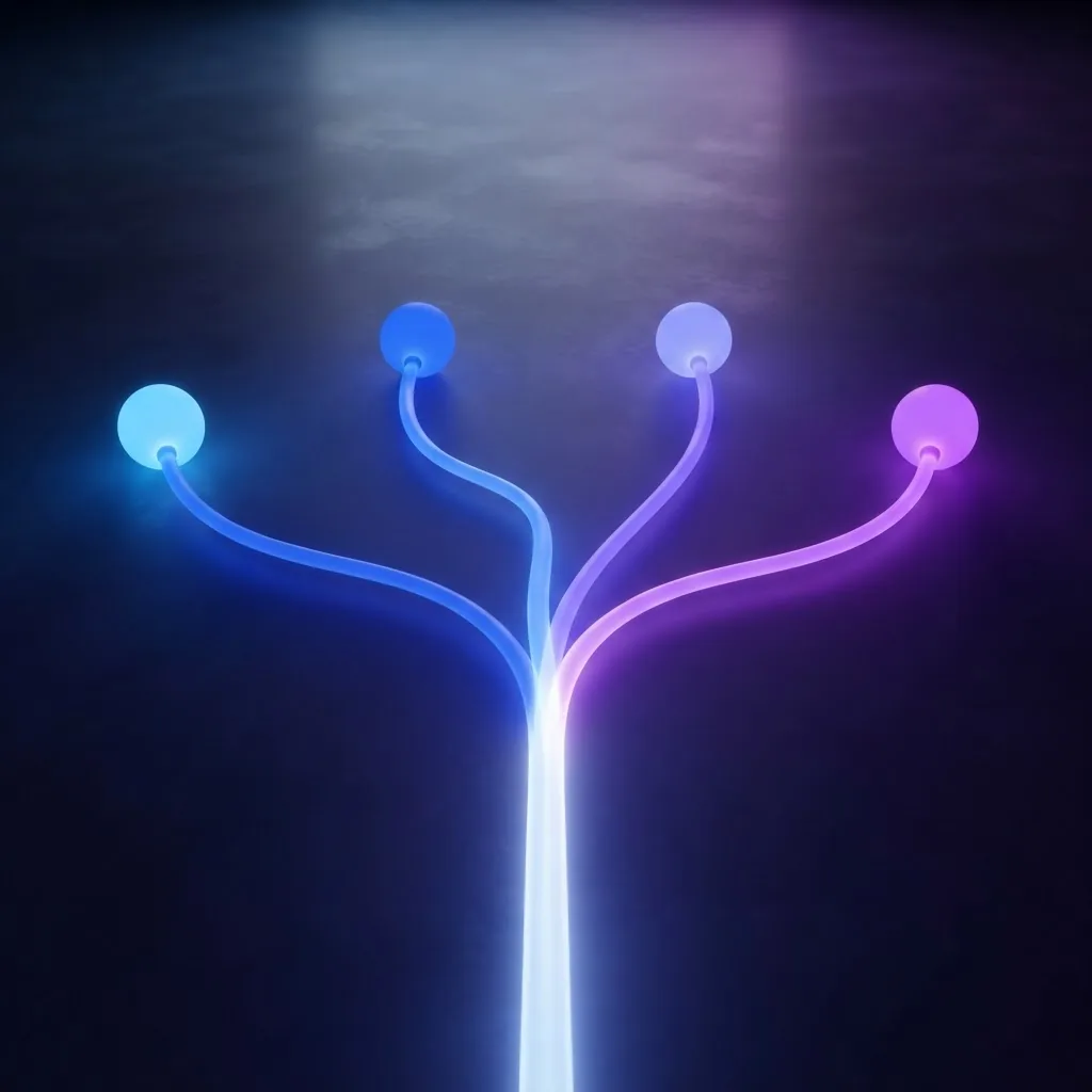 Single glowing path splitting into four diverging routes
