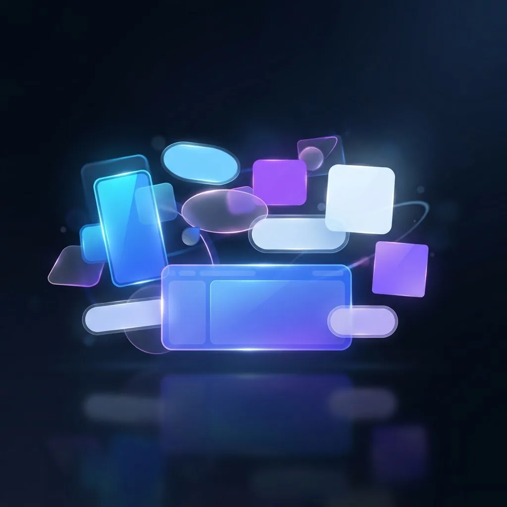 Floating rounded frames representing dashboard, mobile, and card layouts