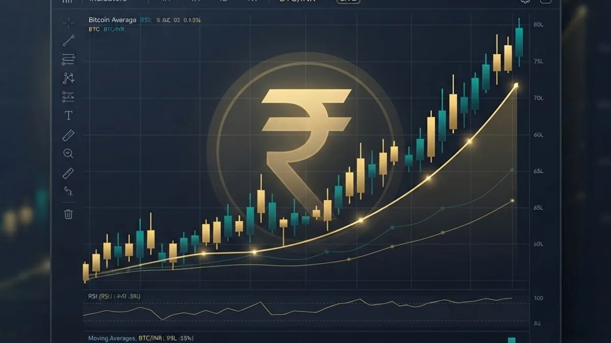 Rising Bitcoin candlestick chart displayed in Indian Rupees on a dashboard