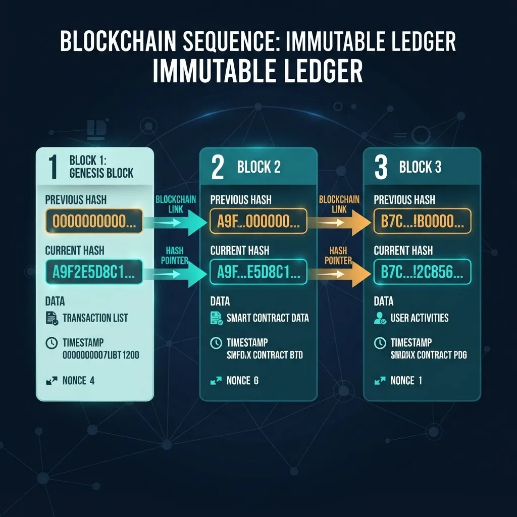 Three sequential blocks linked by previous-hash and current-hash fields