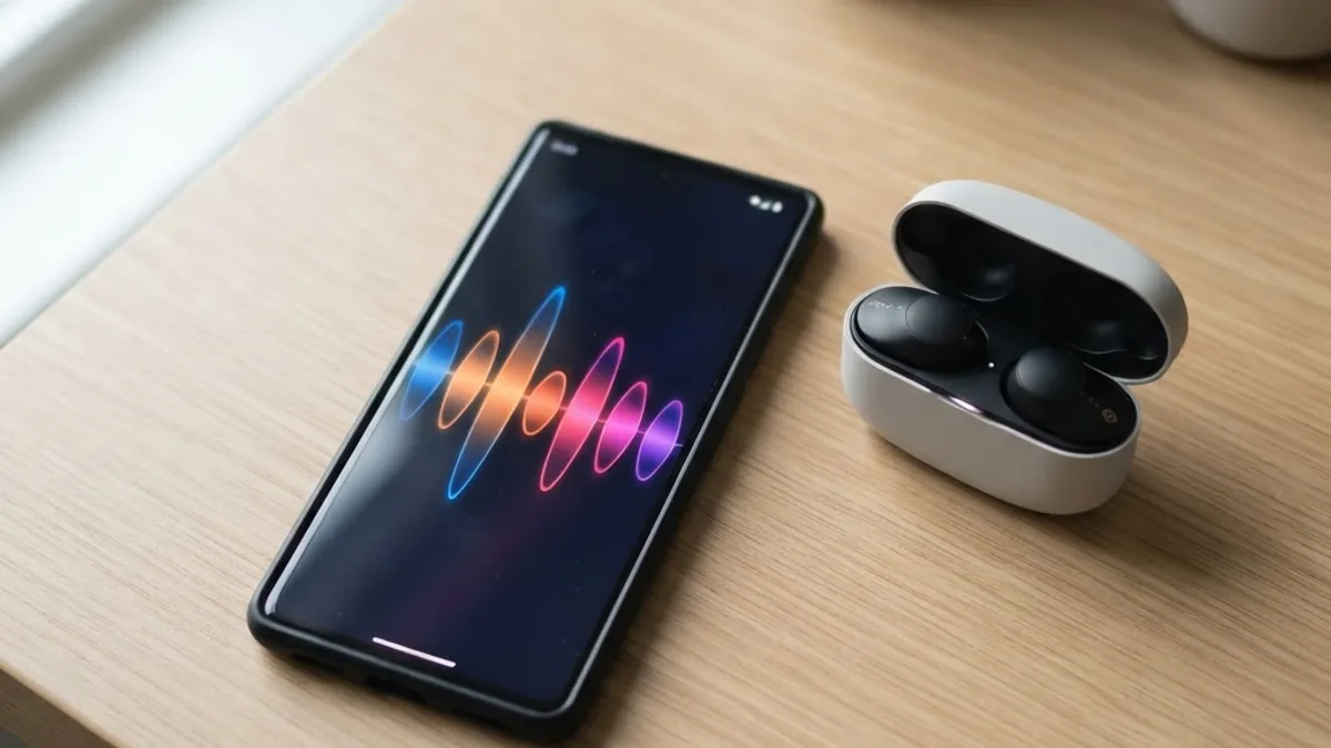 Smartphone showing an audio equalizer next to wireless earbuds