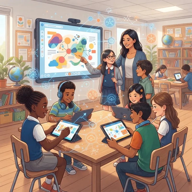 Students and teacher using tablets and a smartboard in a classroom