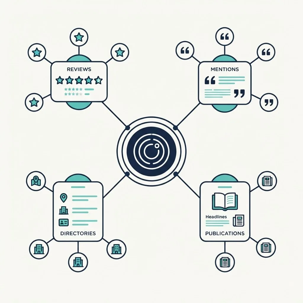Central brand entity node connected to review, mention, directory and publication nodes