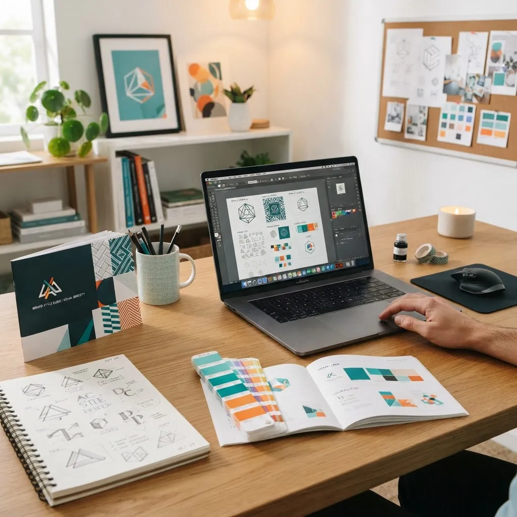 Brand identity designer workspace with logo sketches and style guides