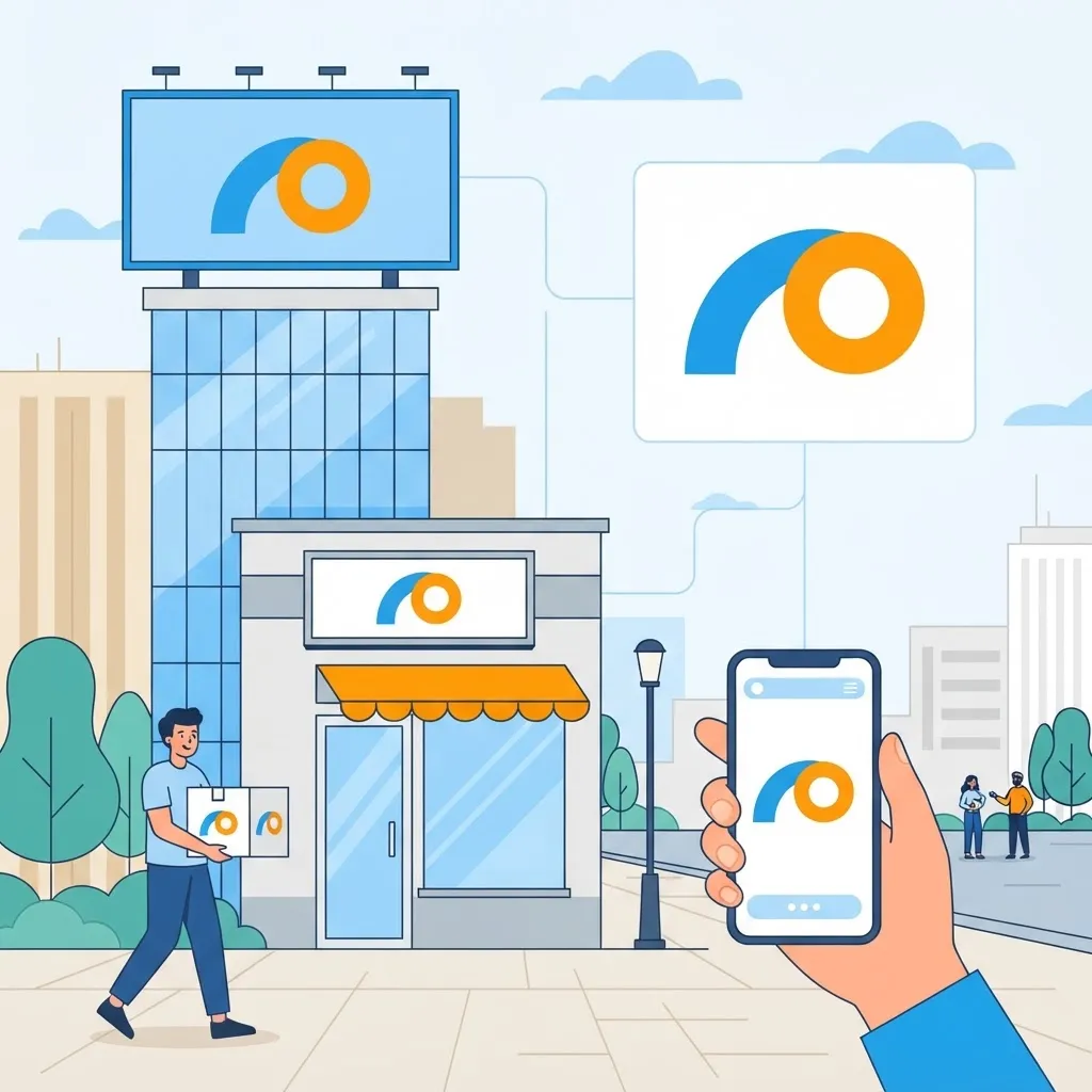 Brand identity recognition shown across billboard, phone, packaging, and storefront