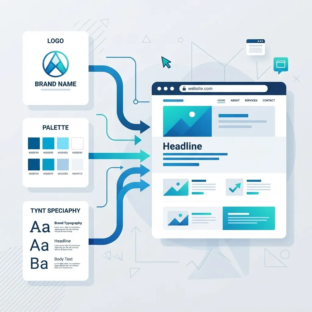 Brand identity elements like logo, colors, and fonts flowing into a website design