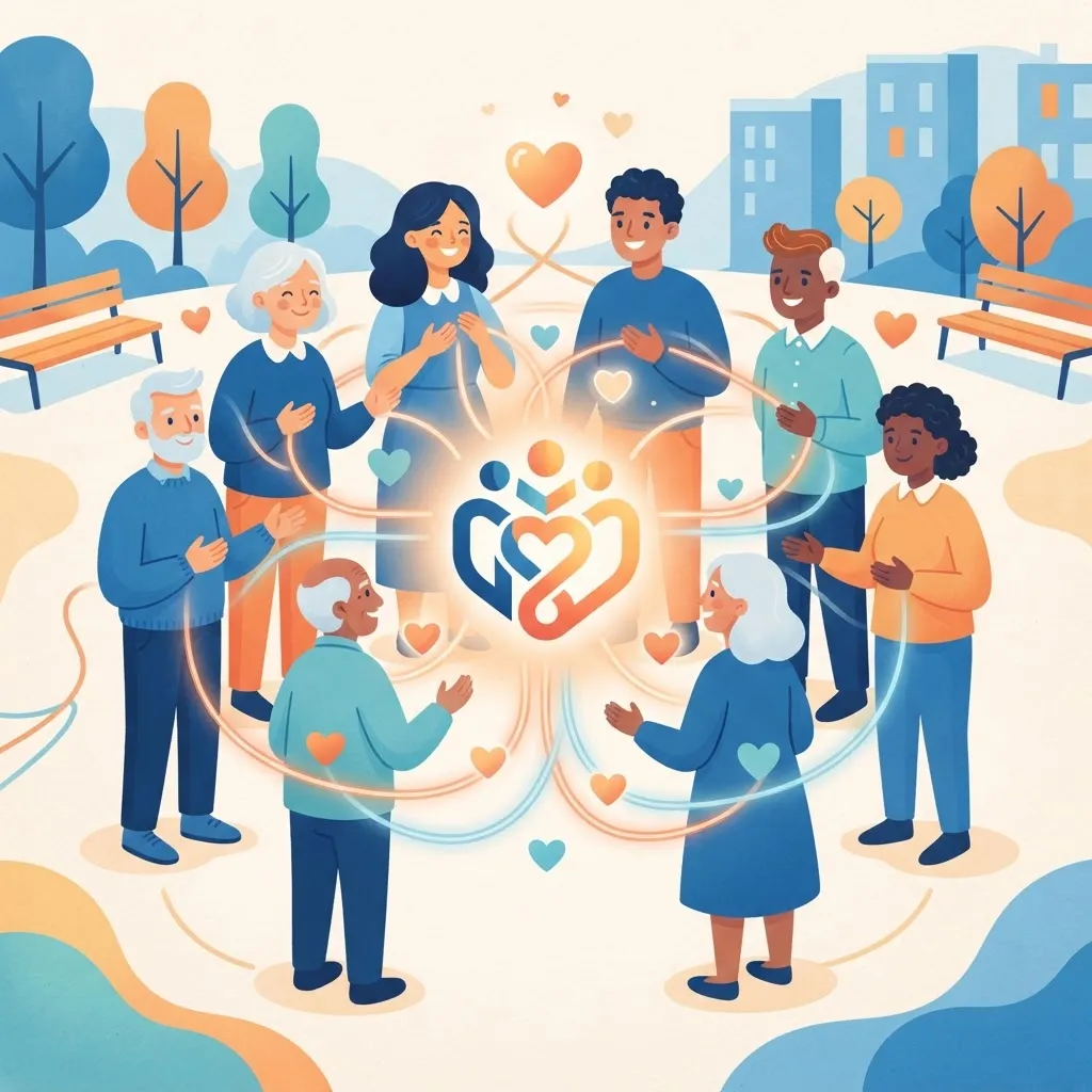 Emotional connection between customers and a brand shown with people around a glowing logo