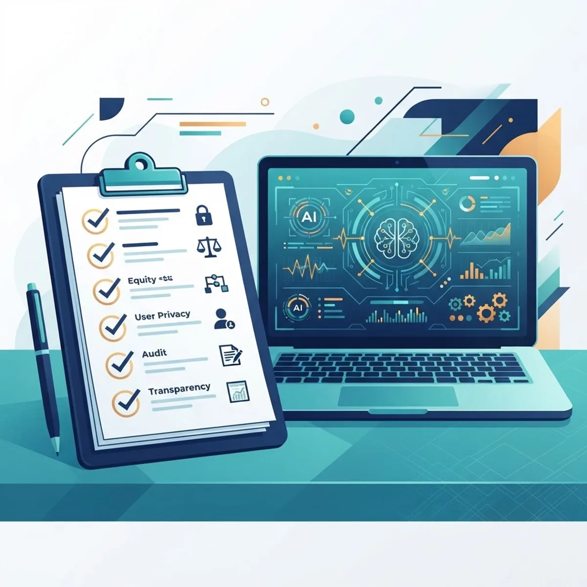 Compliance checklist clipboard beside a laptop with an AI dashboard