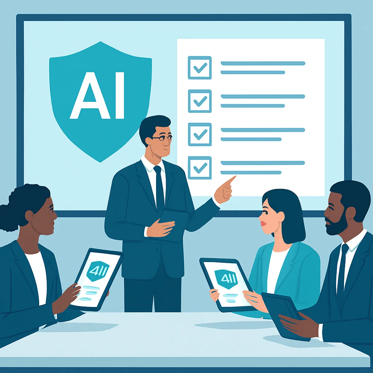 Professionals reviewing AI compliance documents
