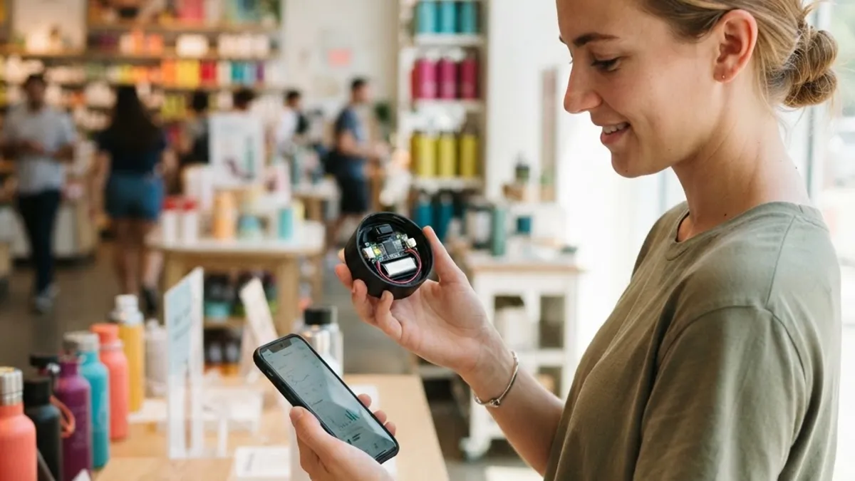 Shopper inspecting the electronics inside a smart cap while holding a phone showing a simple dashboard