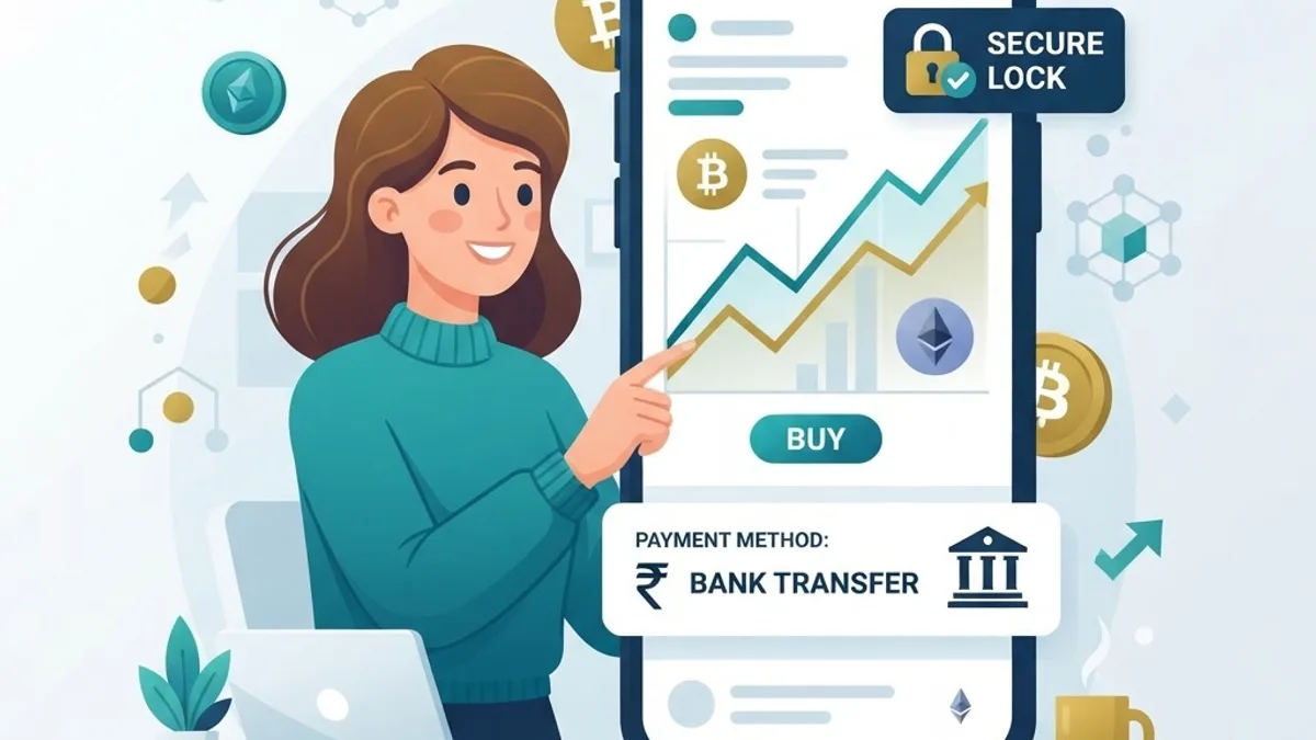 Buying cryptocurrency with rupees through a mobile exchange app and bank transfer