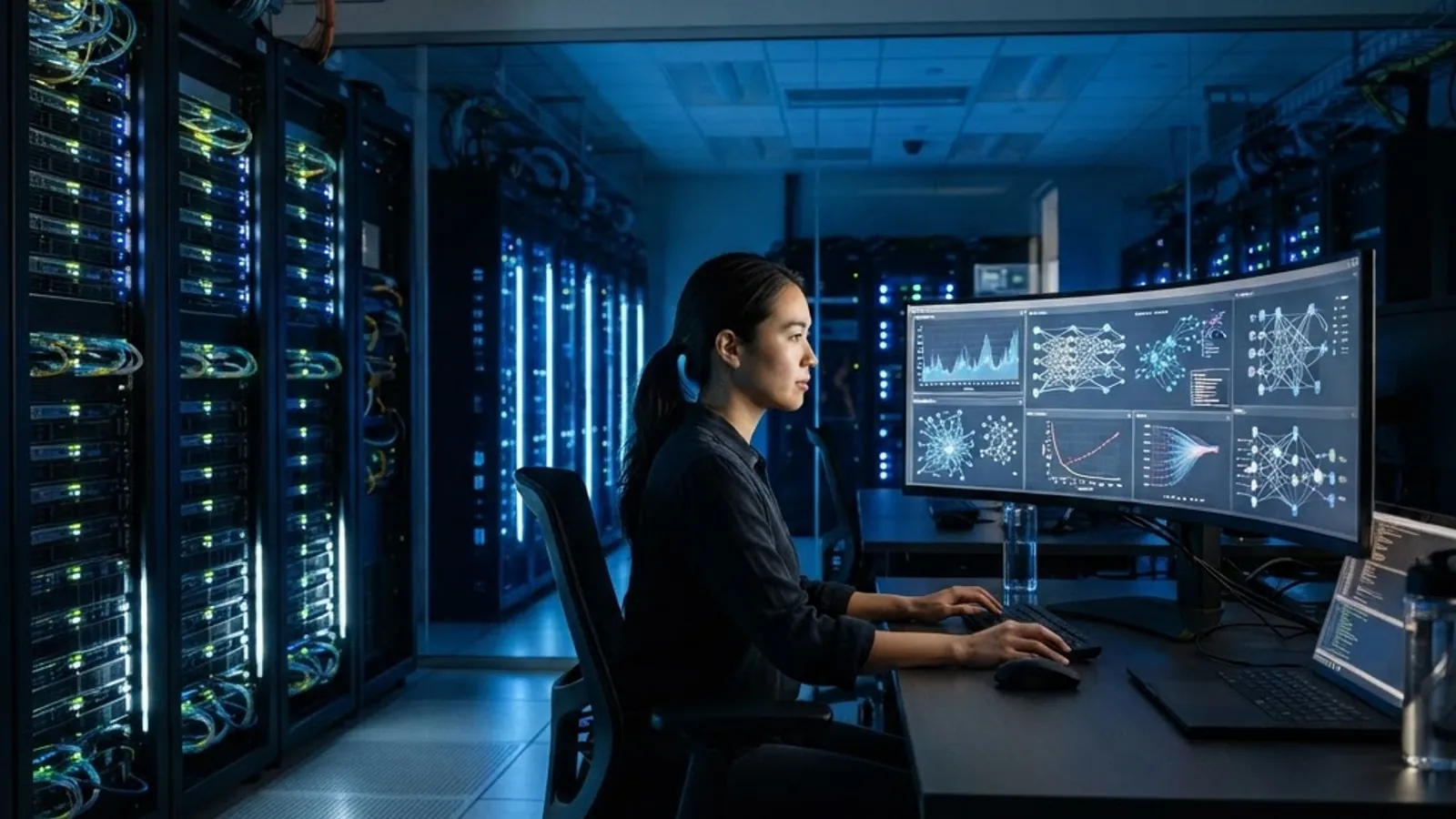 AI research lab with GPU server racks and neural network visualizations