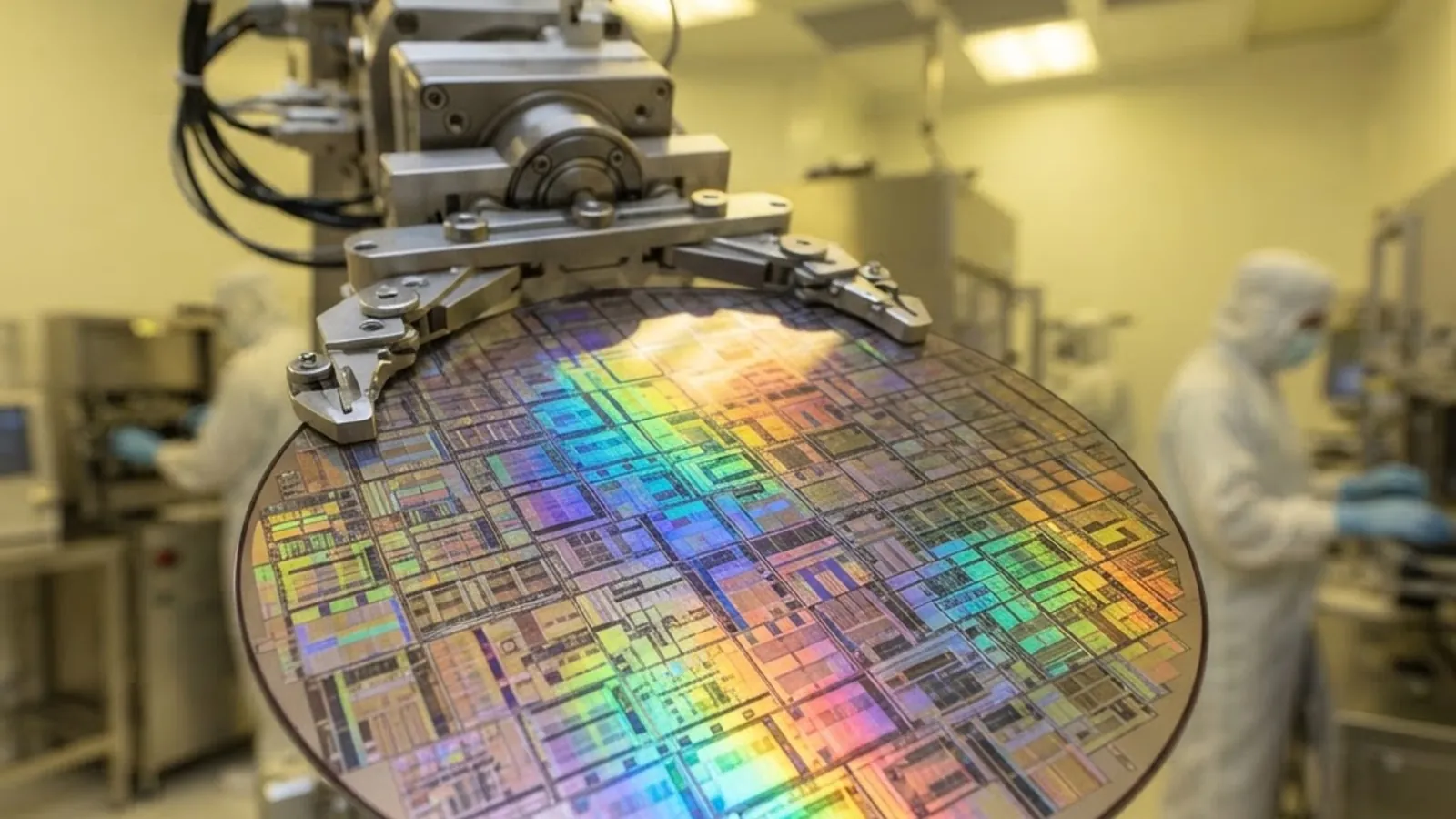Silicon wafer with semiconductor chips in a clean room