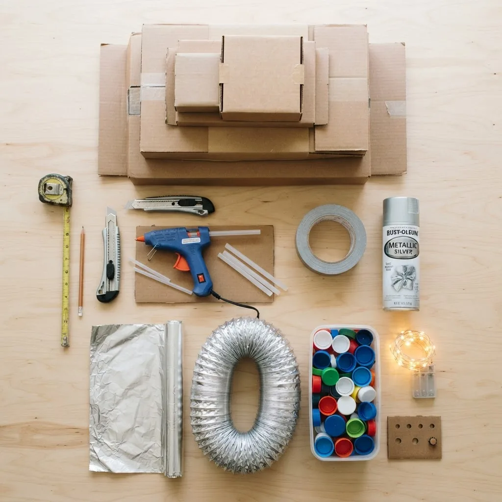 Flat lay of DIY robot costume supplies on a table