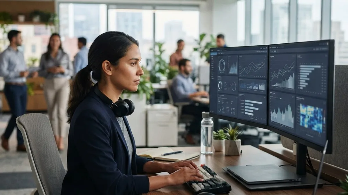 Machine learning engineer working with data dashboards in an office