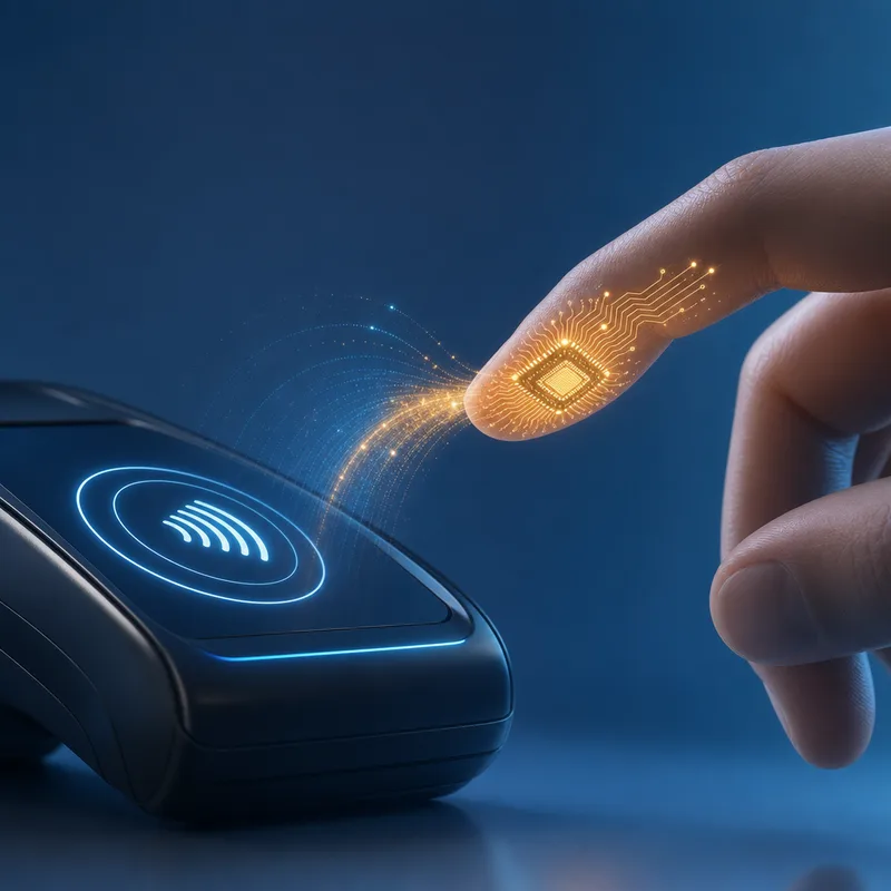 Microchip on a fingertip near a contactless payment terminal