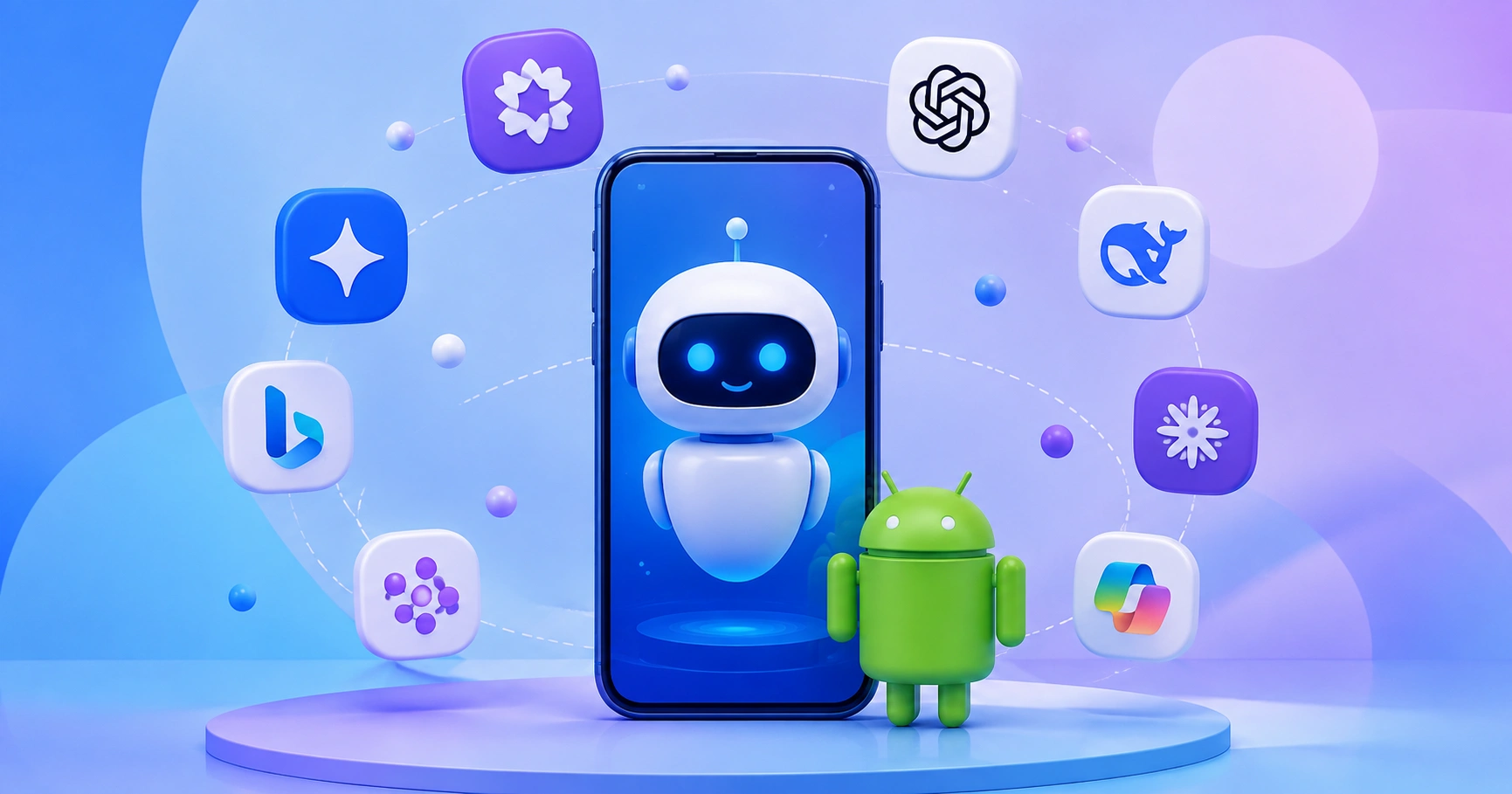 Android smartphone showing an AI chat assistant surrounded by alternative AI app icons
