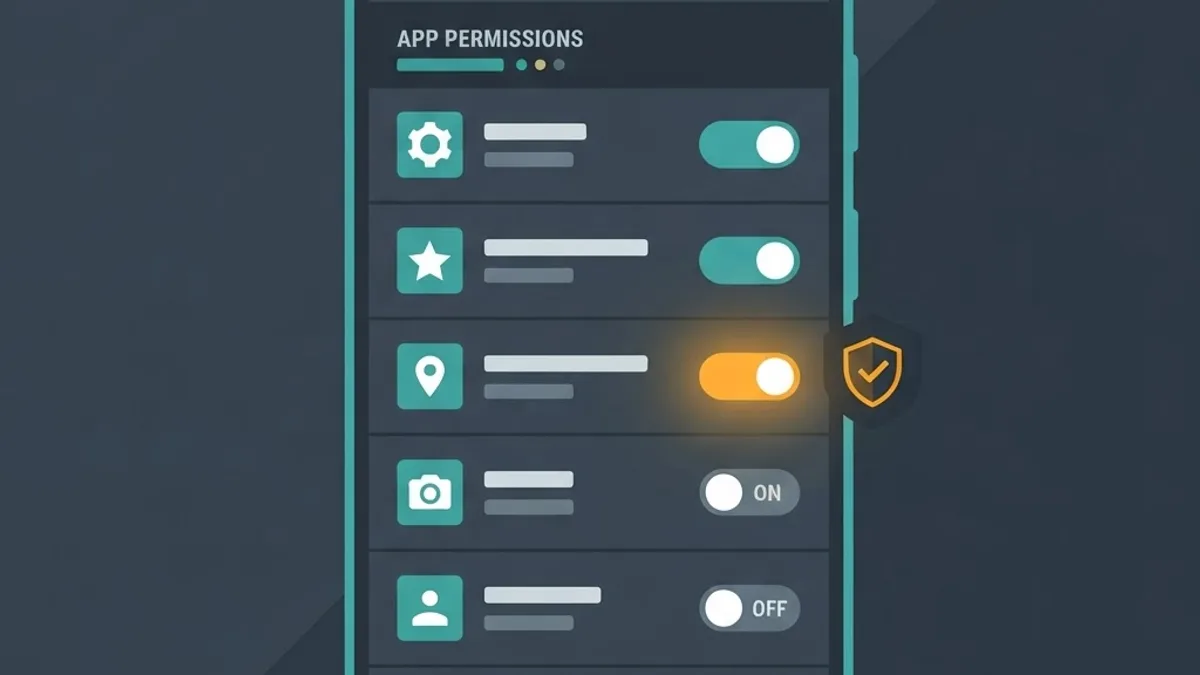 Android permission toggles showing an unusual permission request highlighted as a warning
