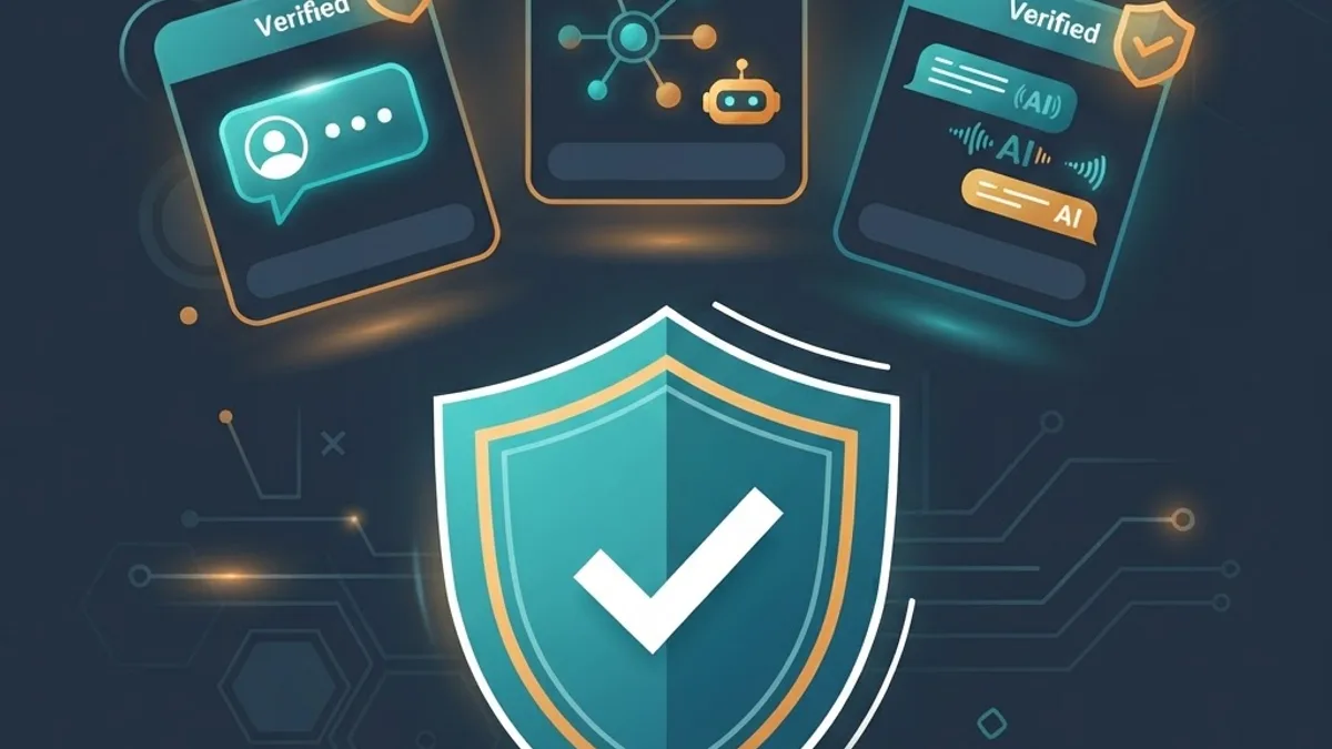 Three verified AI app cards resting above a security shield with a check mark