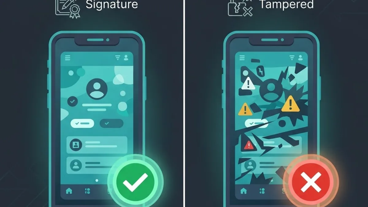 Verified signed app compared side by side with an unsigned repackaged app