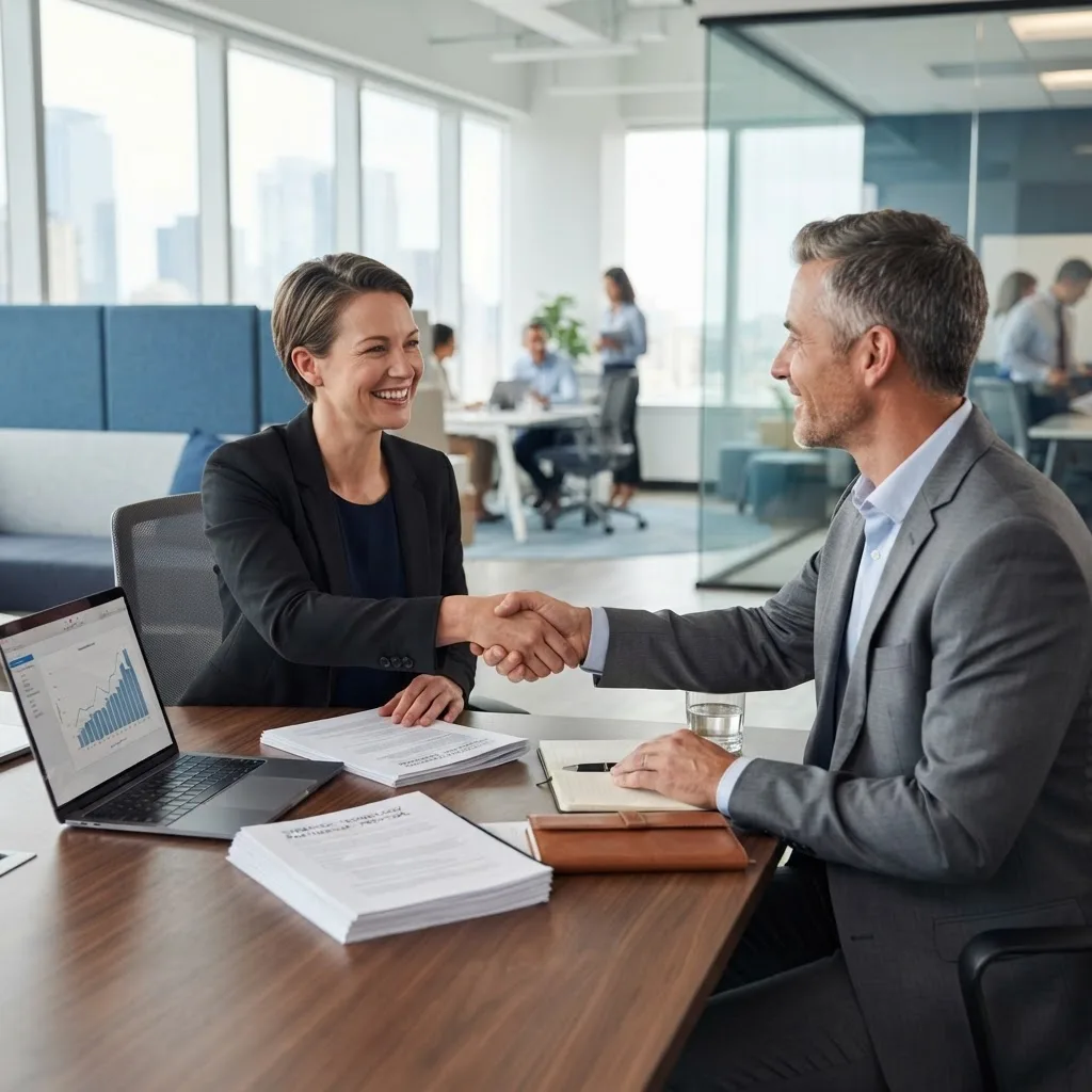 Choosing an application development consulting partner during a client meeting with proposal documents