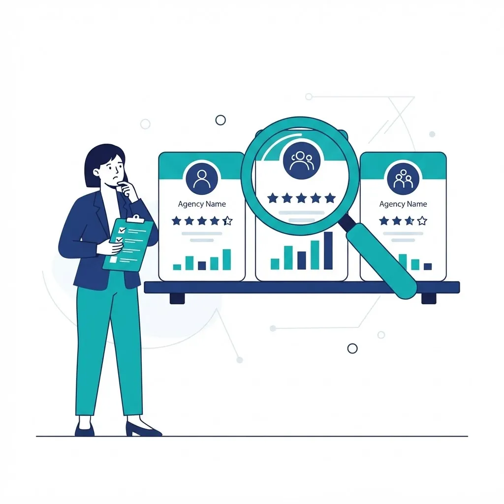 Businessperson with a checklist evaluating candidate agency profiles with a magnifying glass