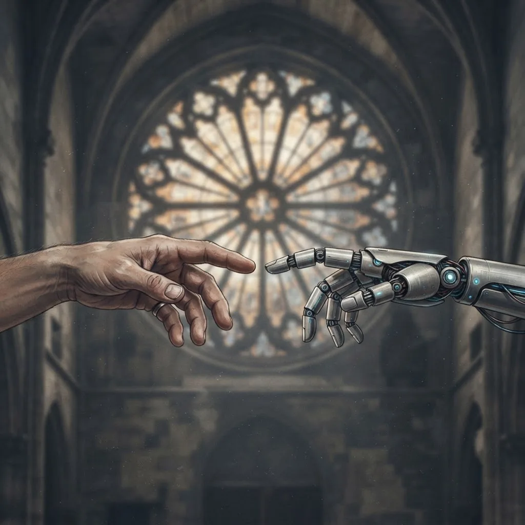 Human hand and robotic hand reaching toward each other near cathedral window
