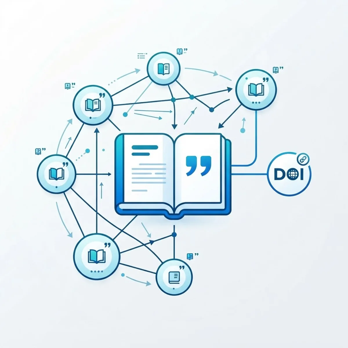 Book with quotation marks and interlinked reference nodes for citations