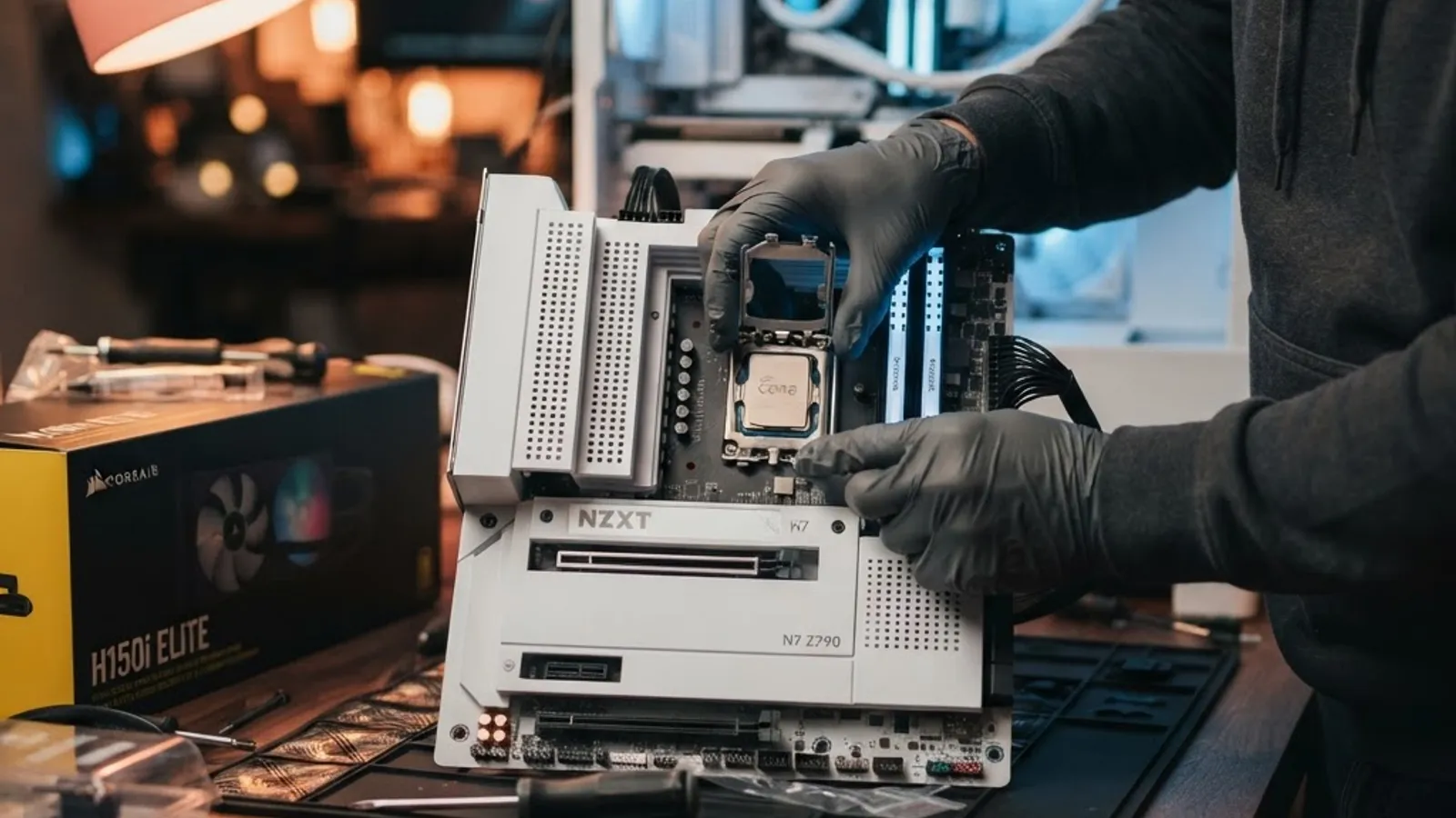 Technician installing a desktop CPU into a motherboard on a workbench