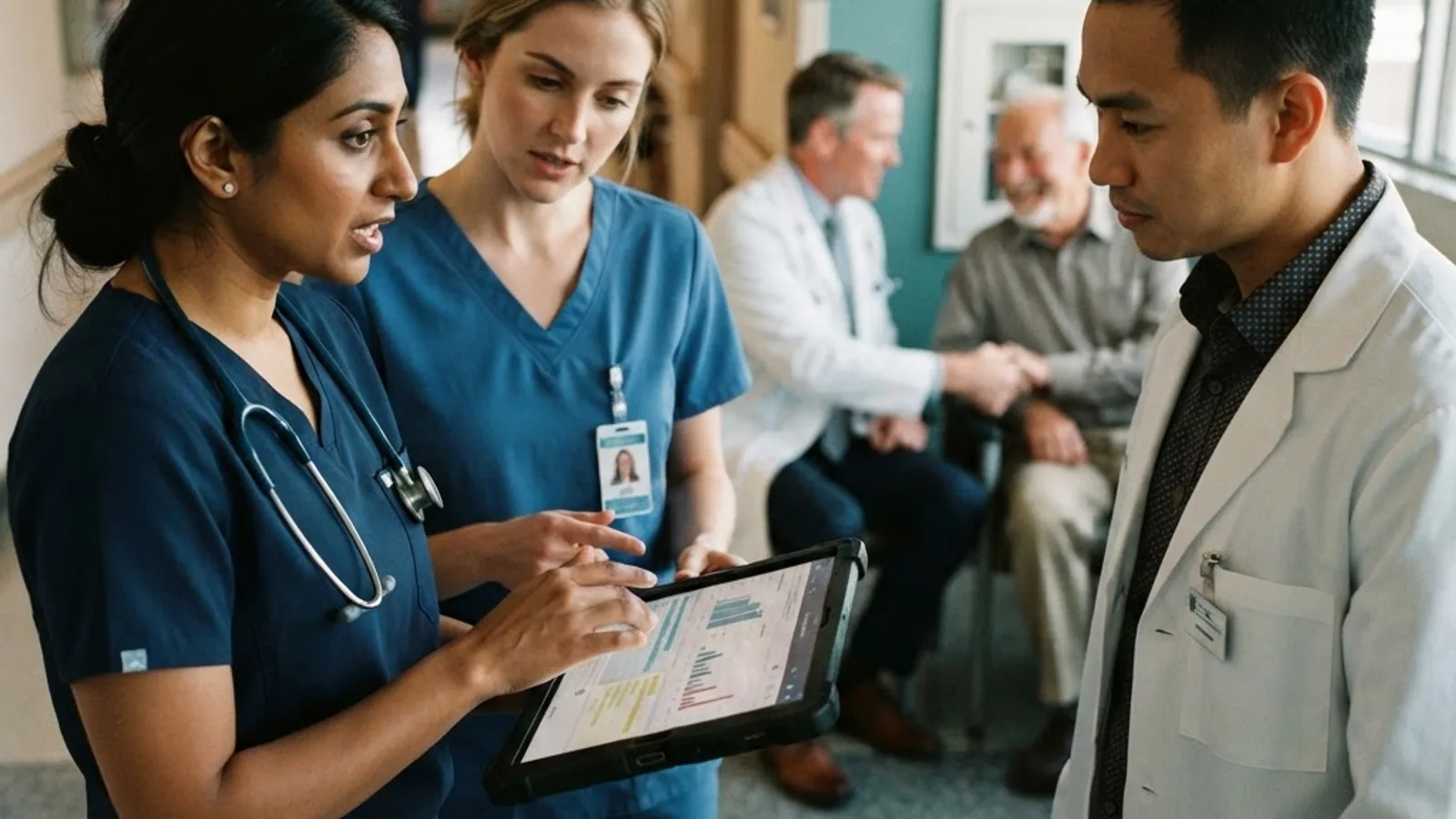 Care team of doctor, nurse and pharmacist reviewing a treatment plan together