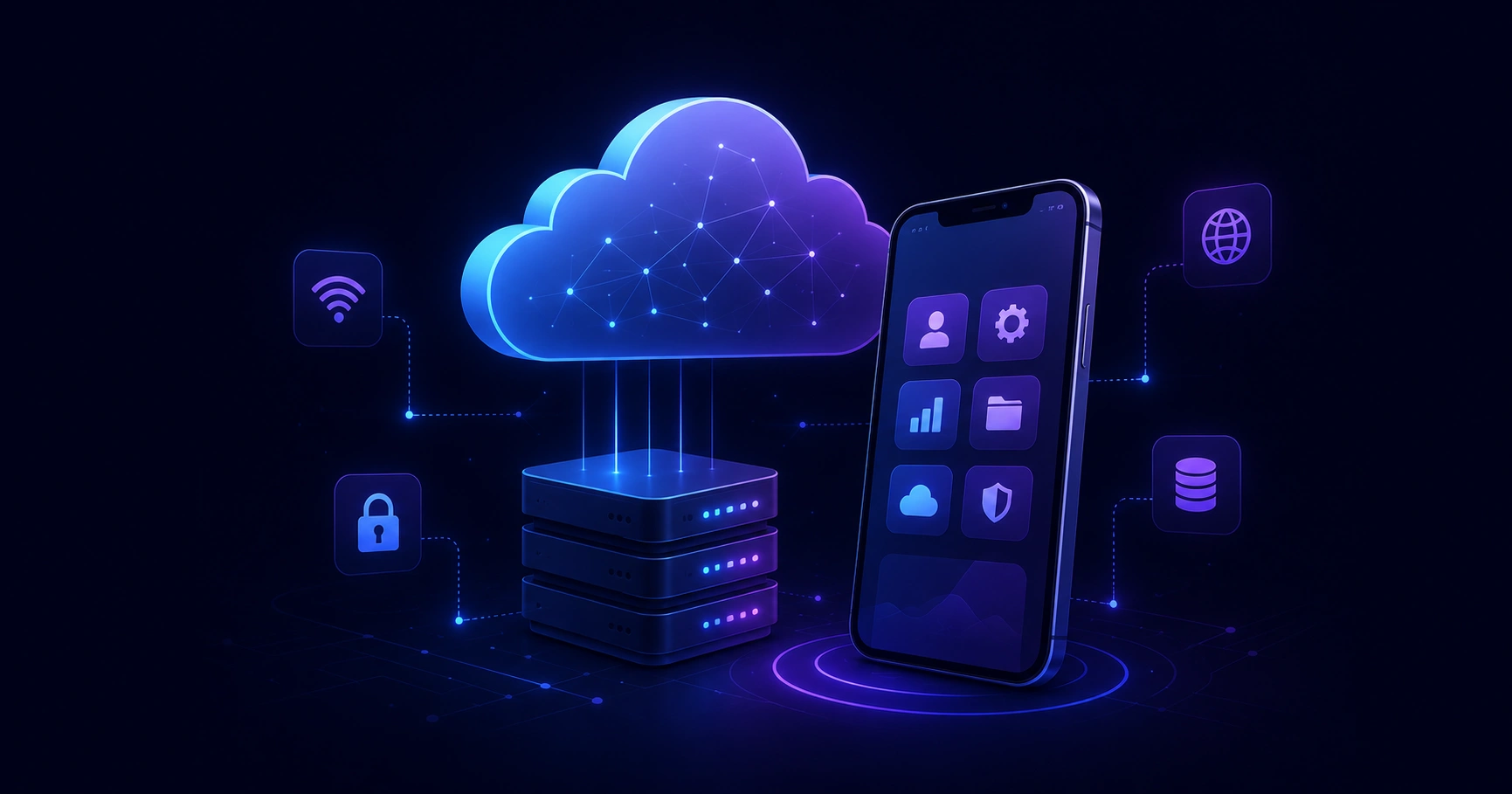 Cloud based mobile app development illustration showing a smartphone connected to cloud infrastructure