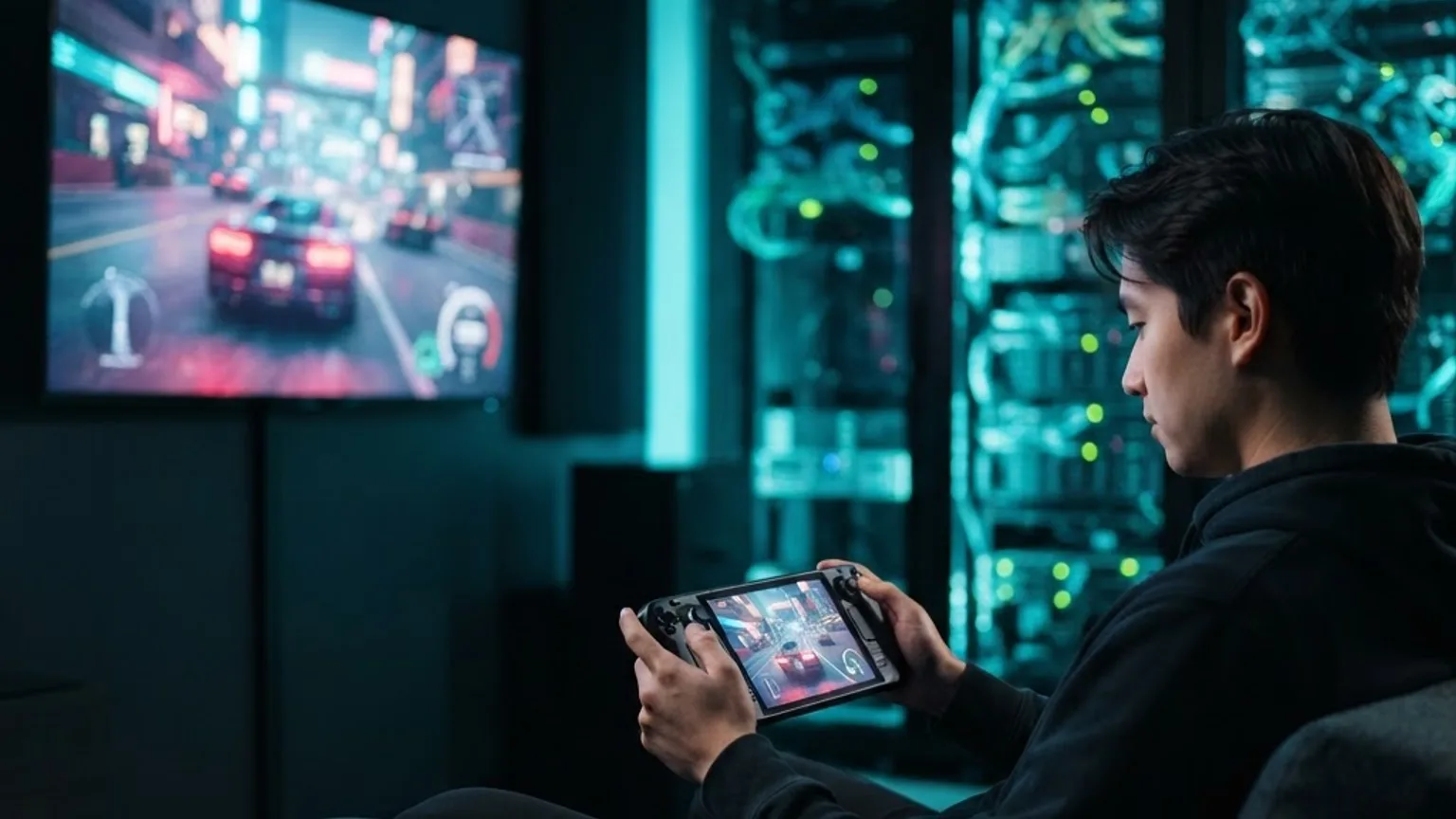 Cloud gaming streamed to handheld device and TV with data center servers