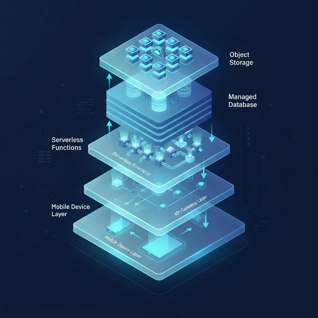 Isometric diagram of cloud mobile app architecture layers including API gateway, serverless functions, and managed database
