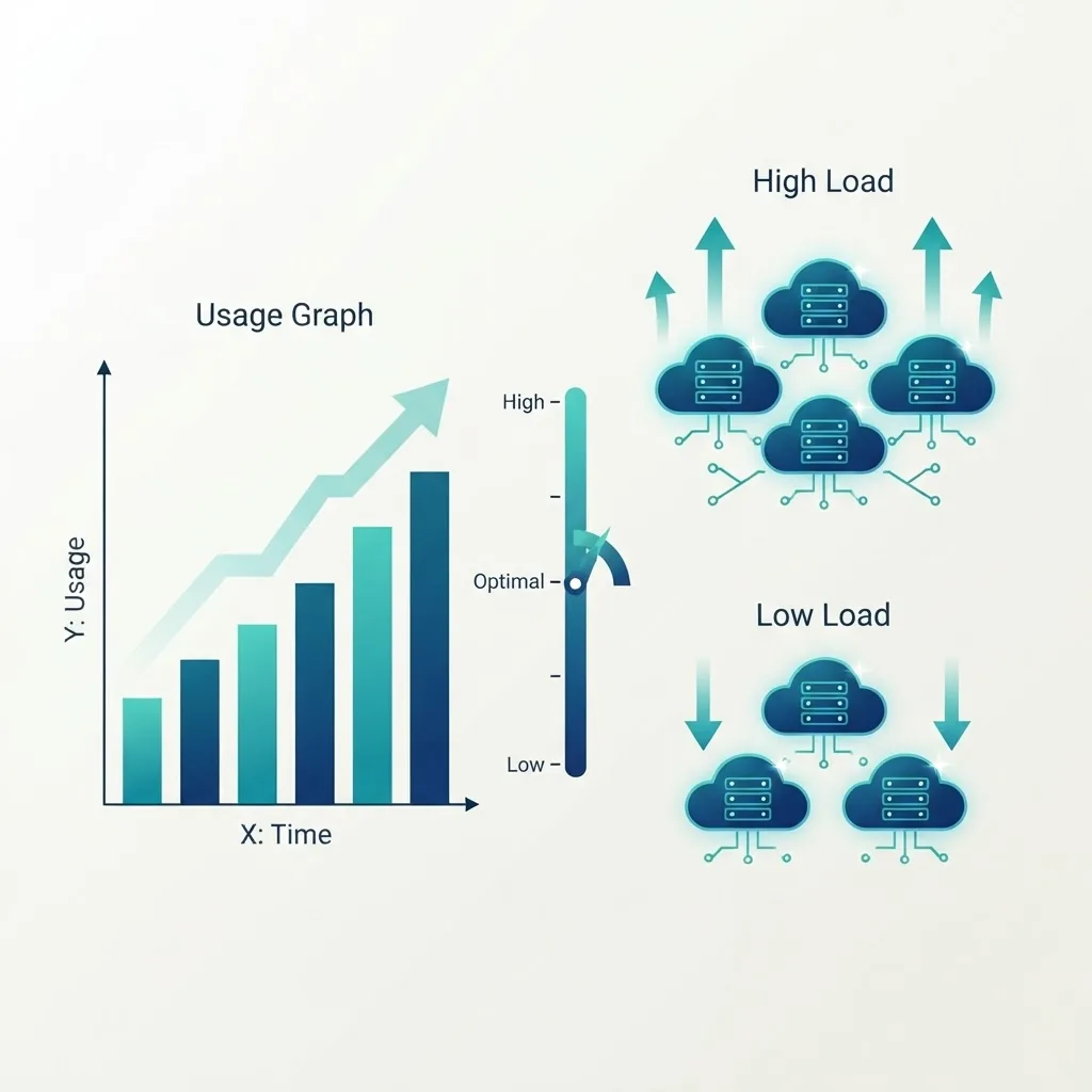 Cloud cost optimization and autoscaling illustration with usage graph and elastic cloud instances