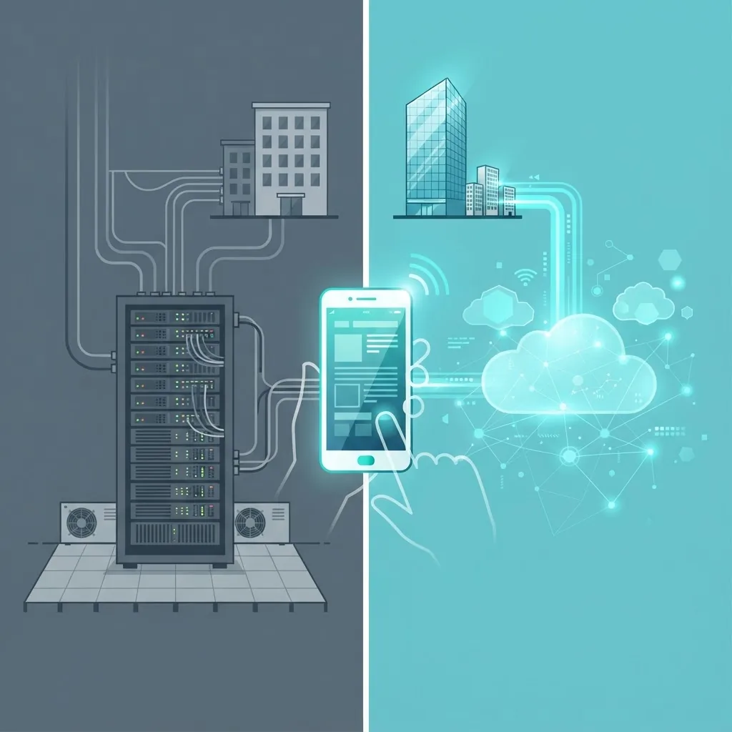Comparison illustration of traditional on-premise servers versus modern cloud infrastructure for mobile apps